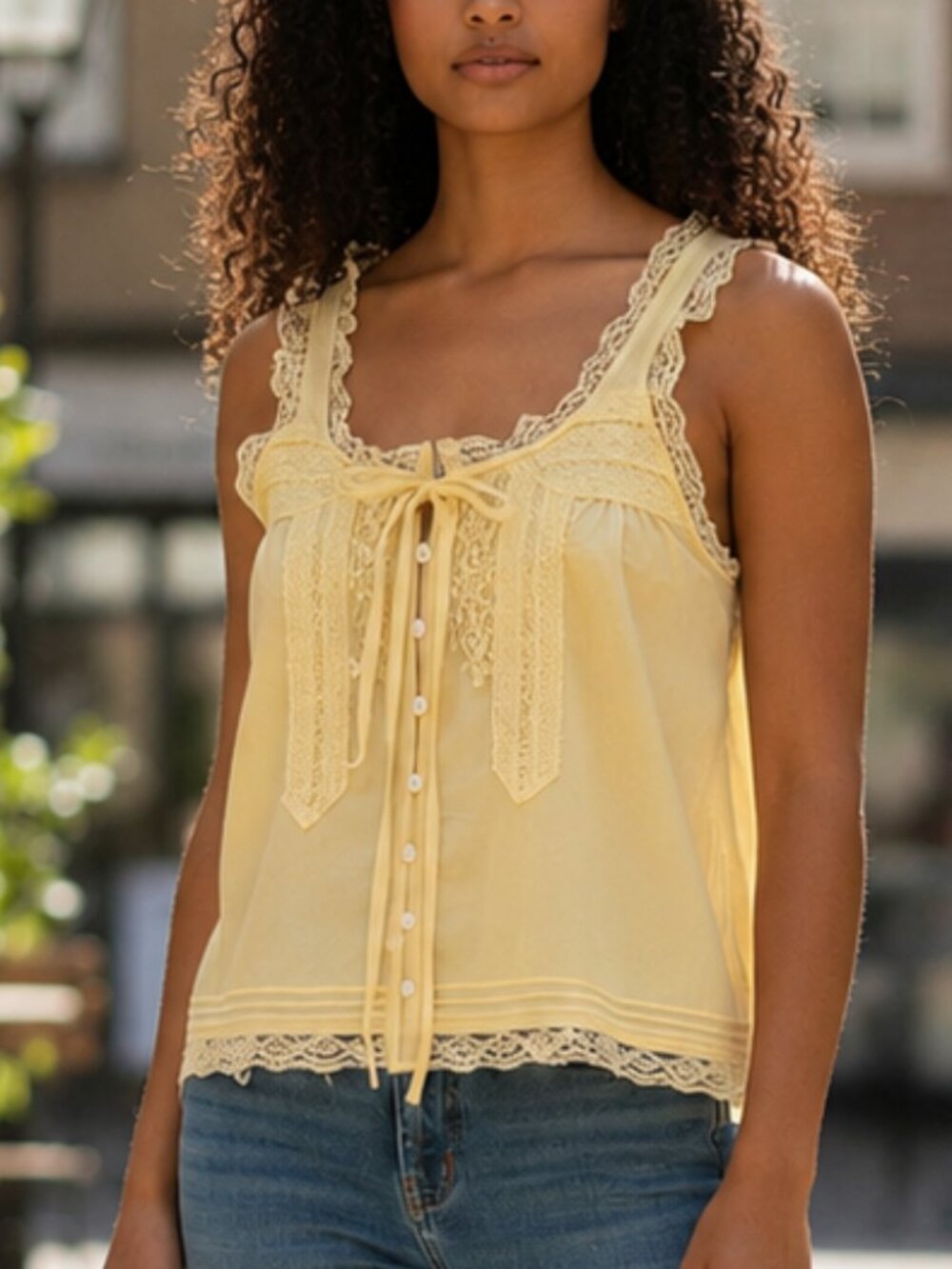 Sunny Yellow Cotton Lace Trim Button Up Sleeveless Summer Blouse Top